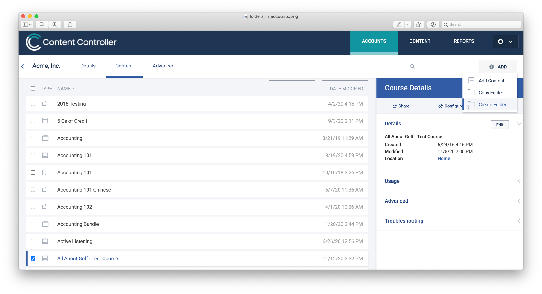 Creating a folder in an account