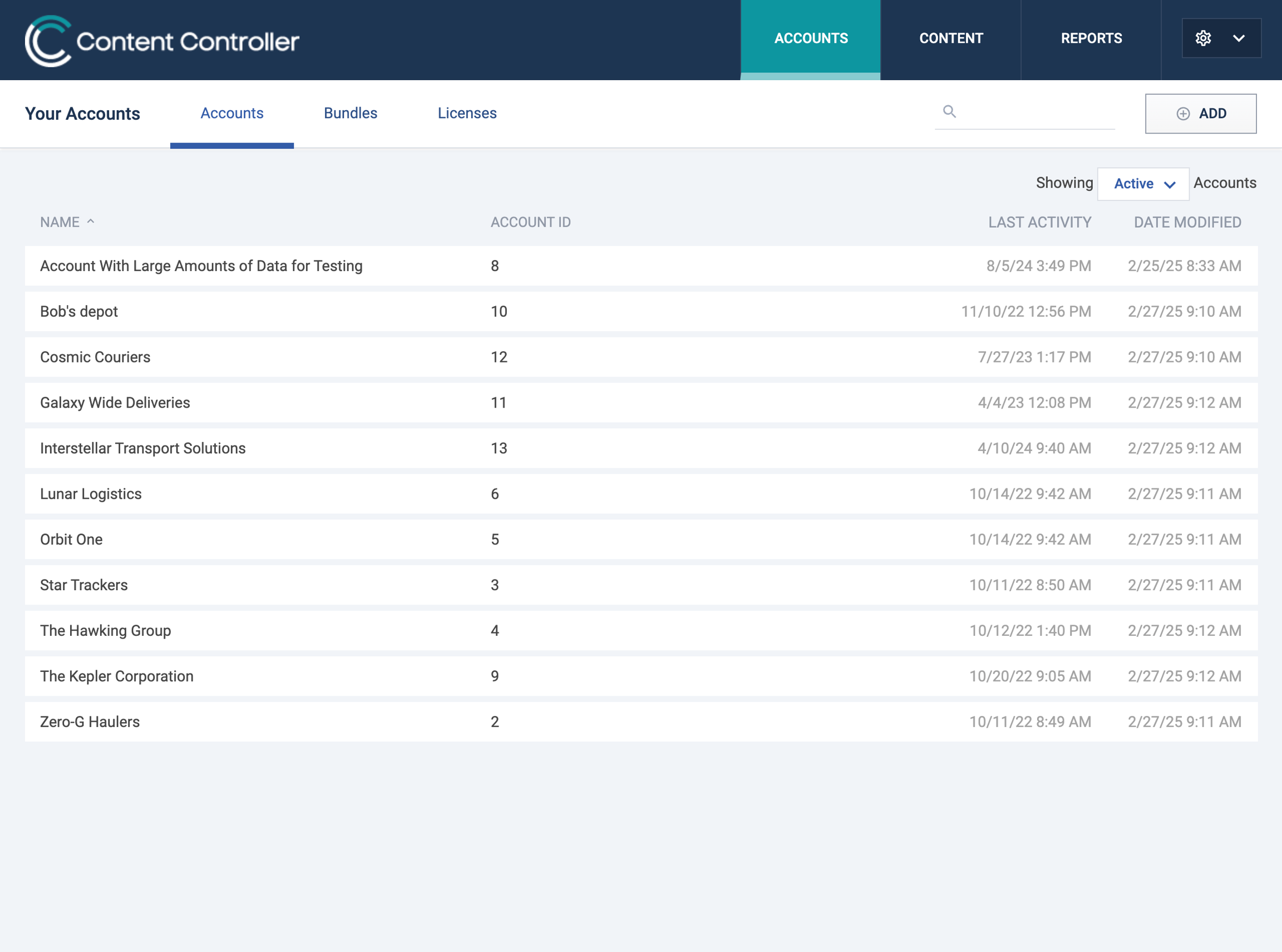 A list of accounts in Content Controller