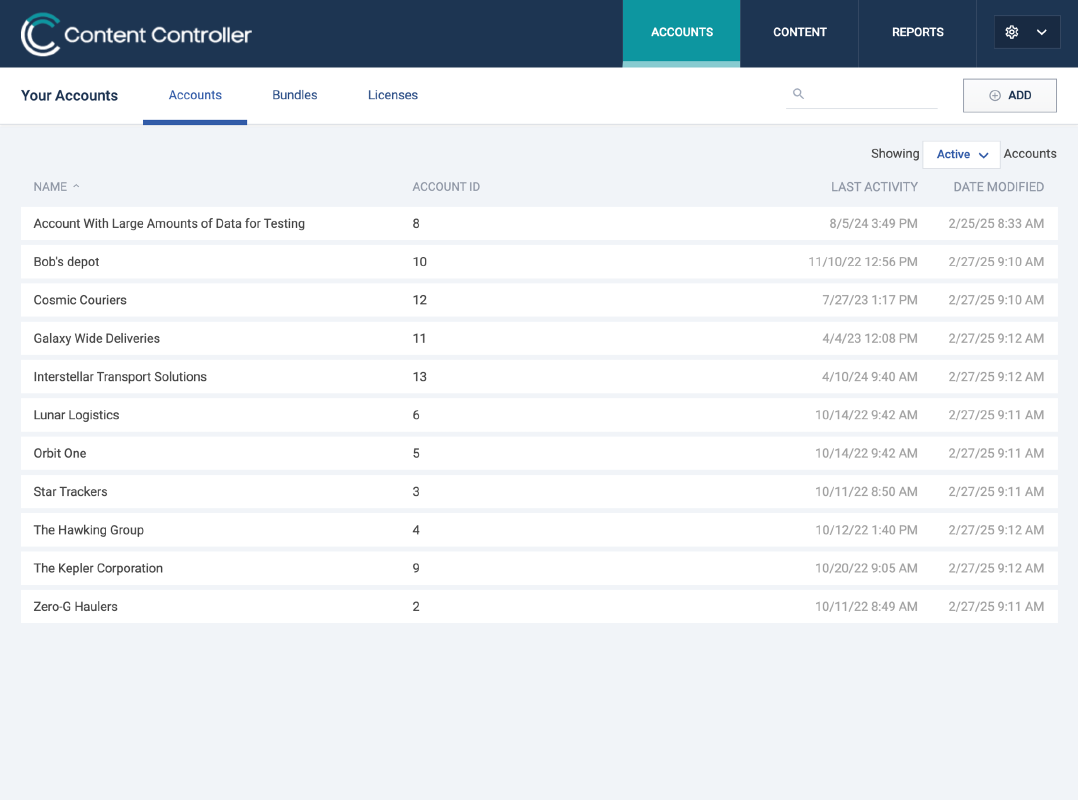 A list of accounts in Content Controller
