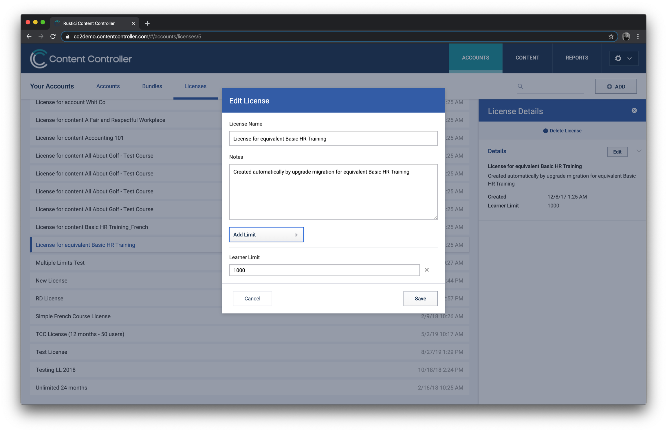Add a limit to an account's license