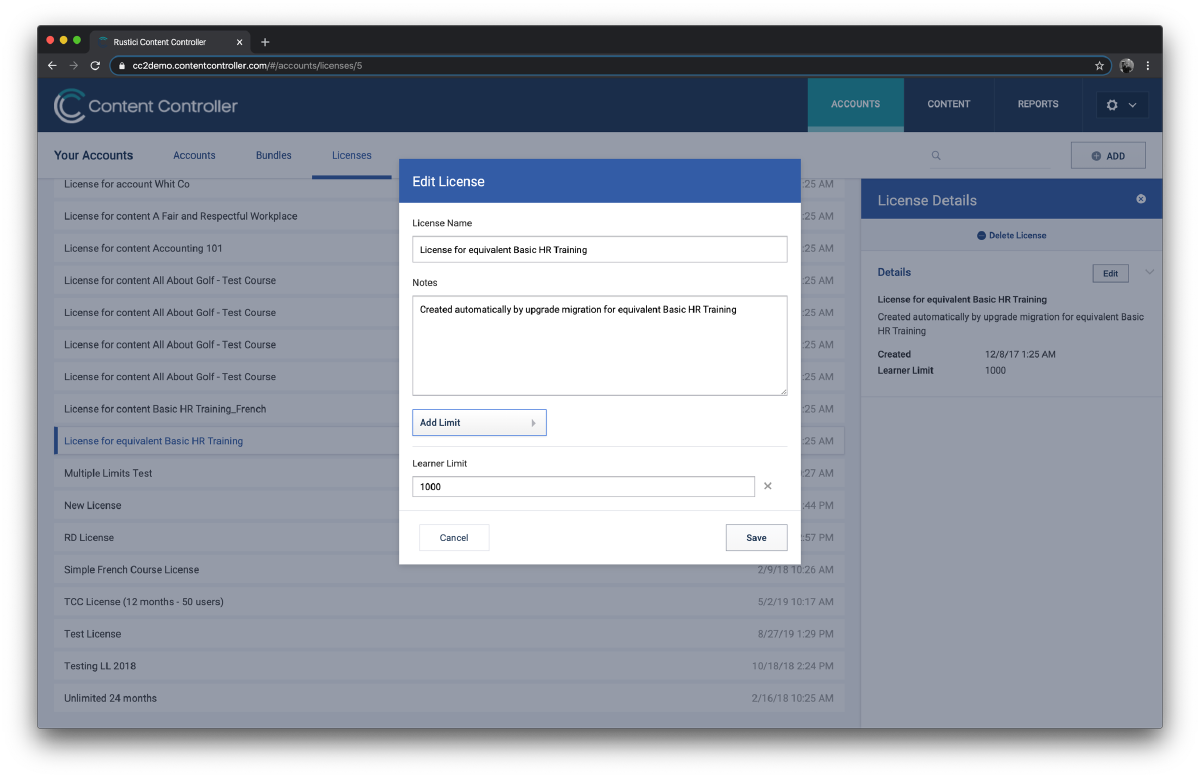 Add a limit to an account's license