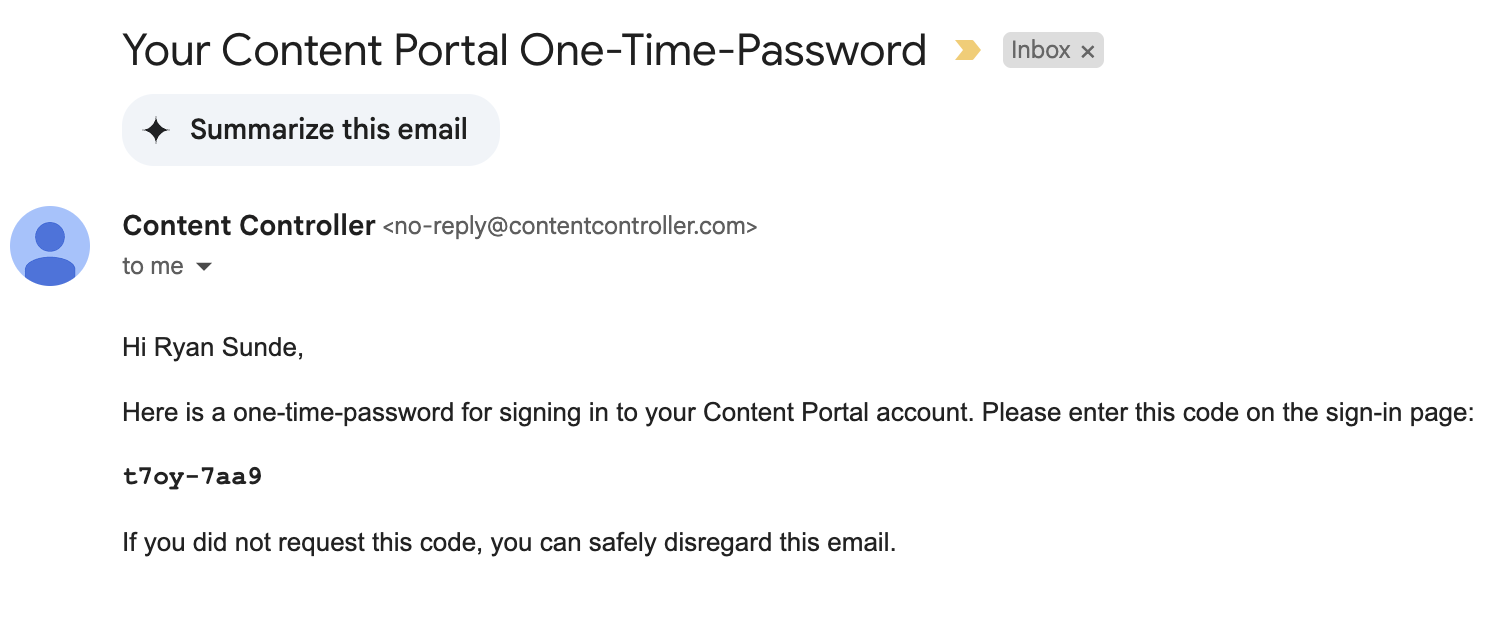 One-time password email body