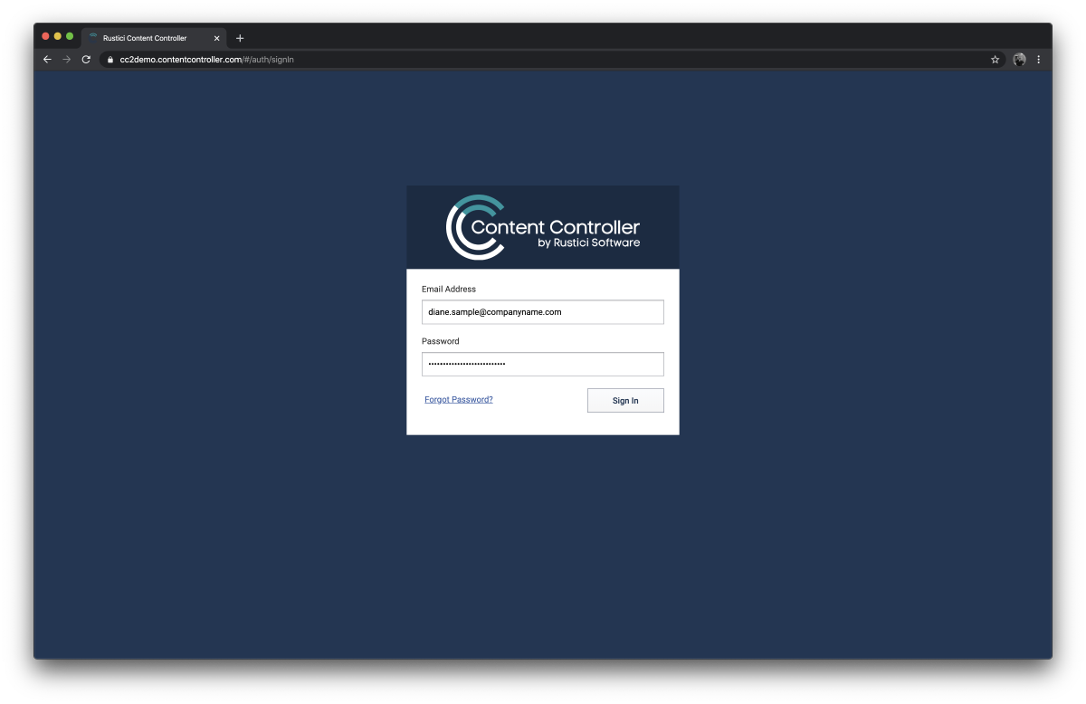 Content Controller's login page