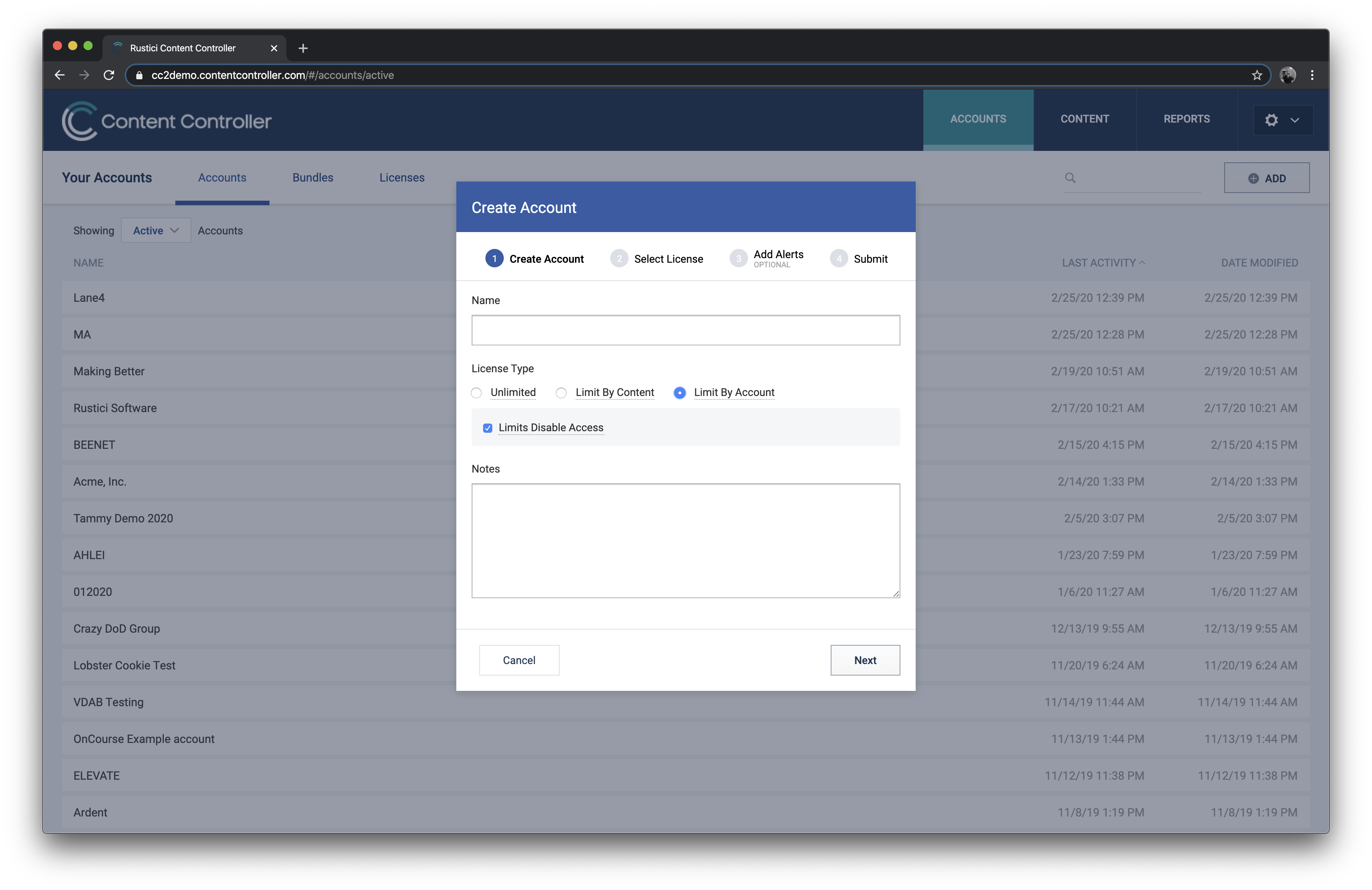 Screens showing fields to create a new account in Content Controller