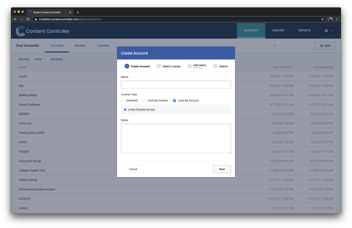 Screens showing fields to create a new account in Content Controller