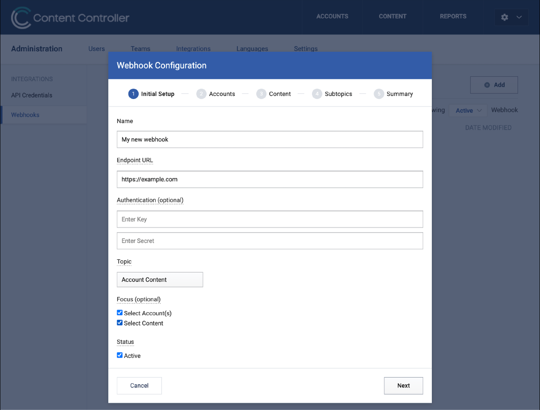 Configuration for a new webhook