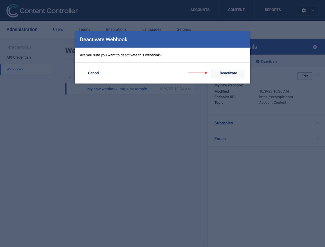 Confirmation window for deactivating a webhook