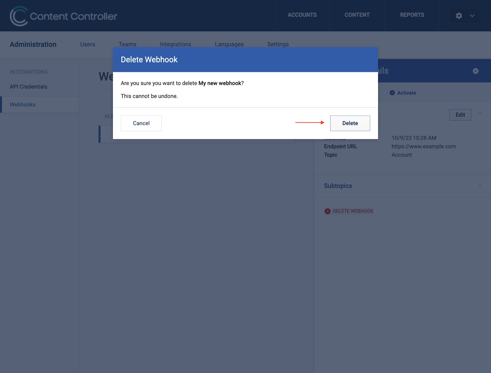 Confirmation window for deleting a webhook