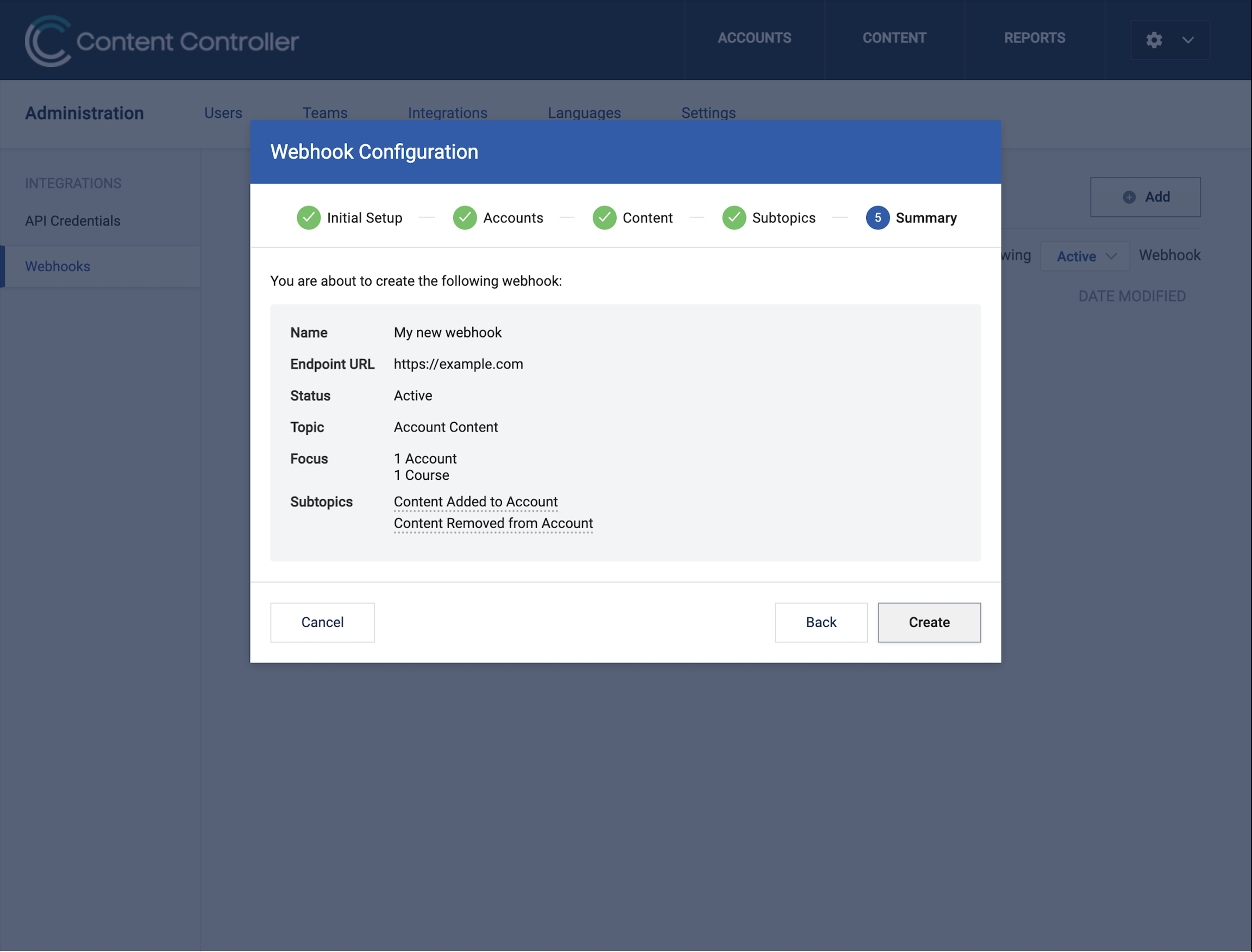 Webhook configuration summary