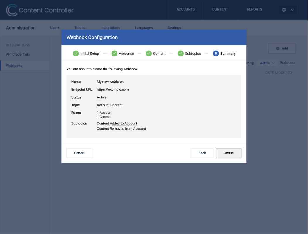 Webhook configuration summary