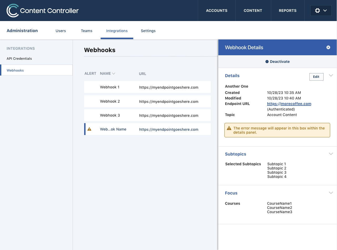 Webhook details pane with an error message