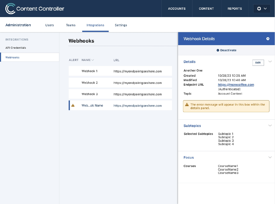 Webhook details pane with an error message