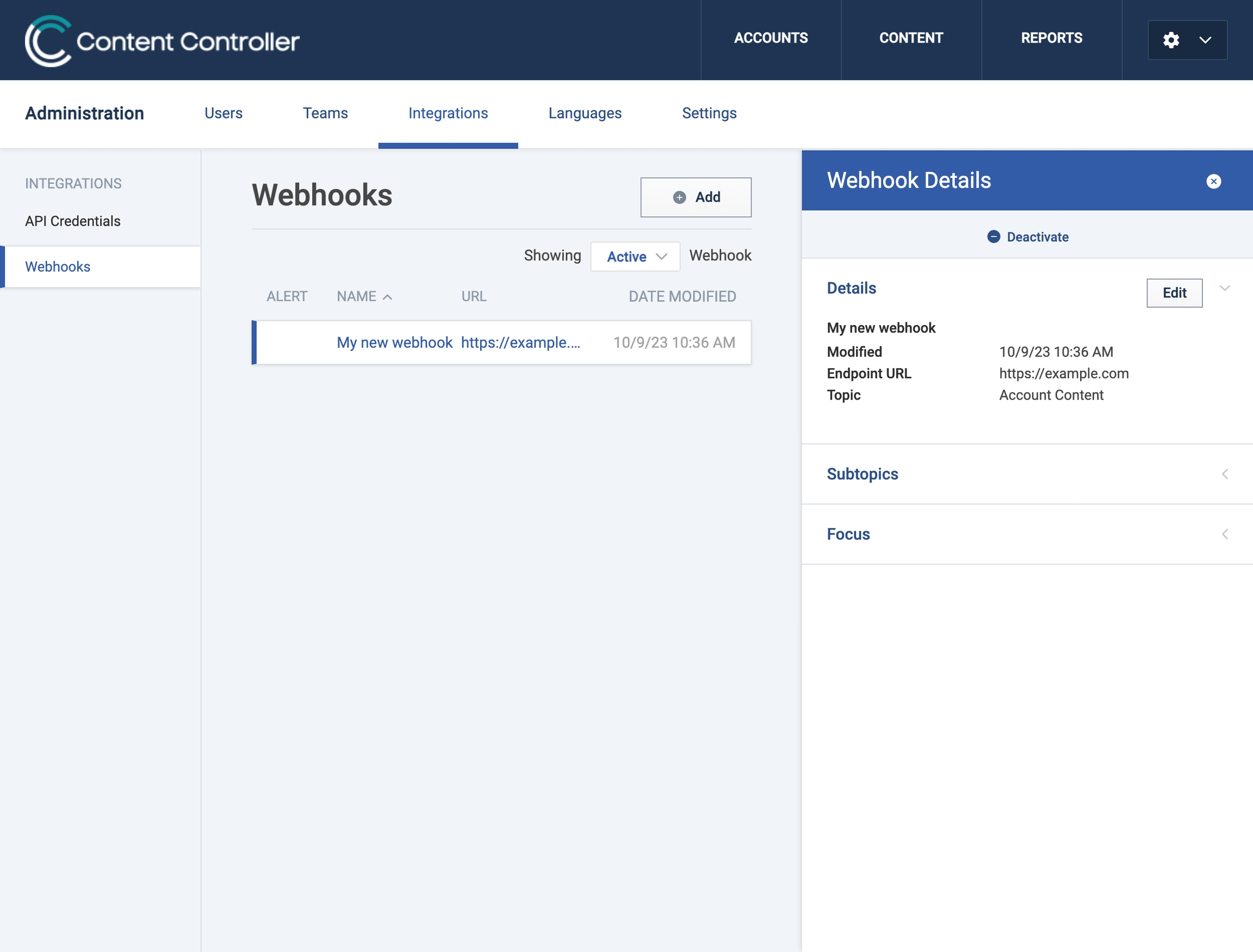 A list of webhooks in Content Controller
