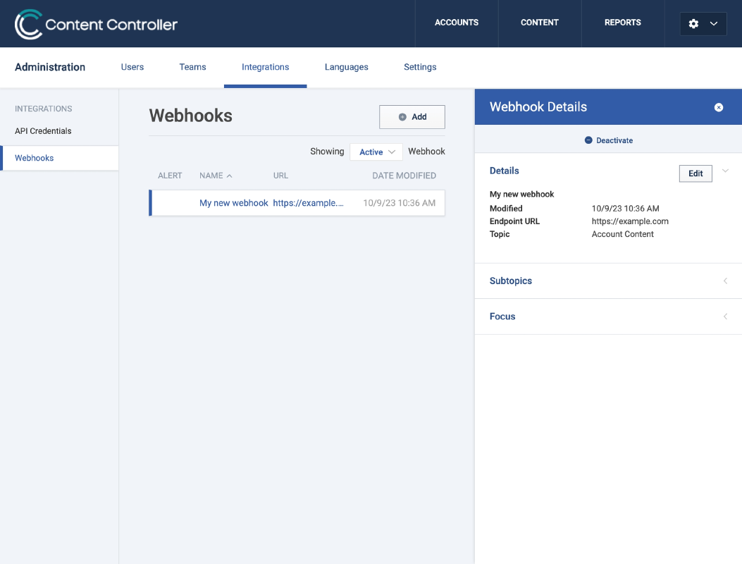 A list of webhooks in Content Controller
