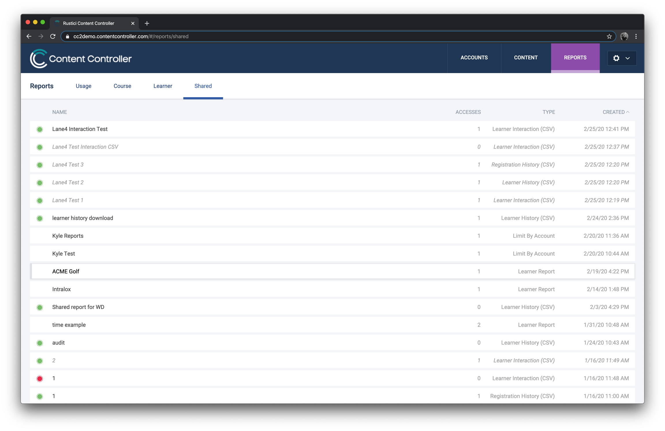 A list of shared reports in Content Controller