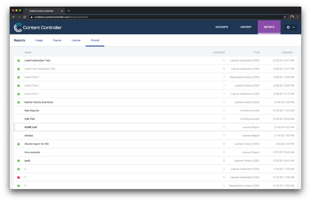 A list of shared reports in Content Controller