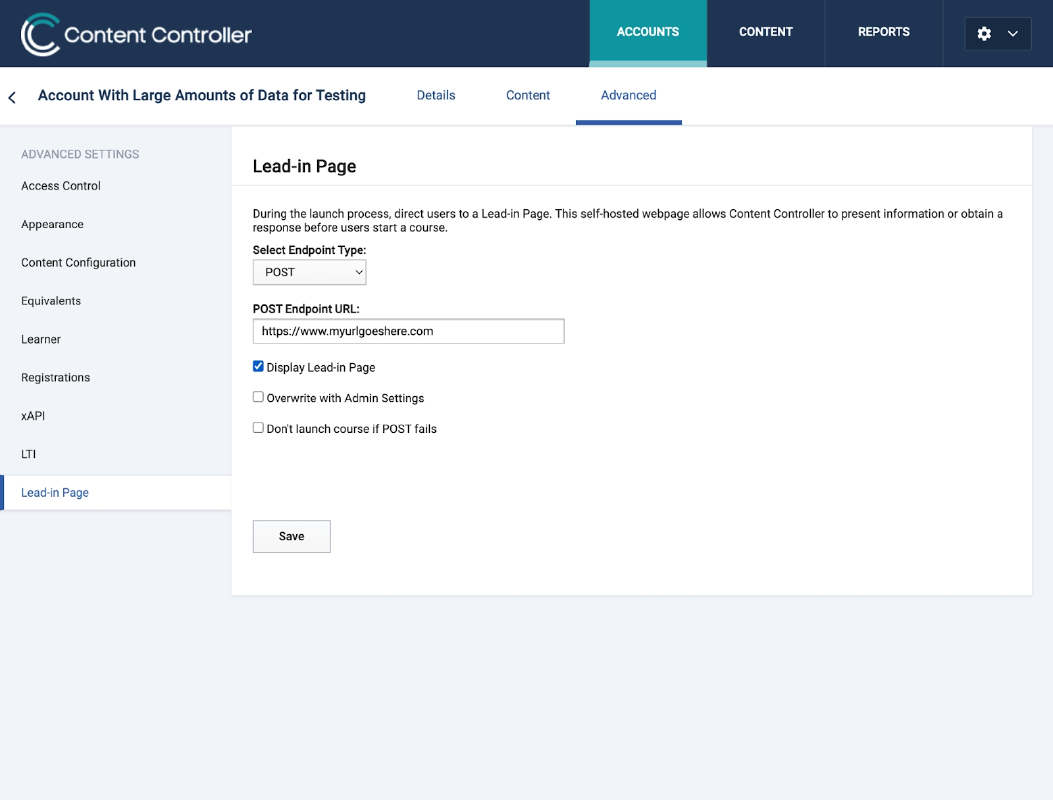Lead-in page settings for an account in Content Controller