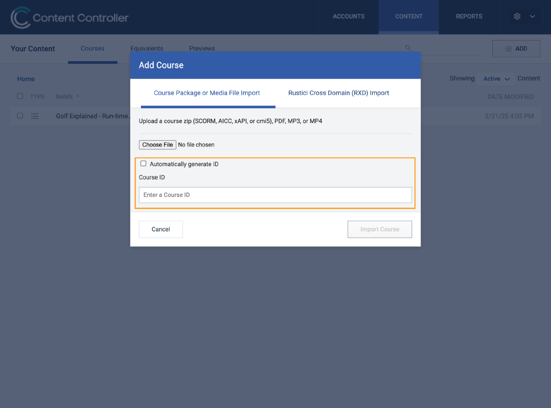 Adding a custom ID for a course