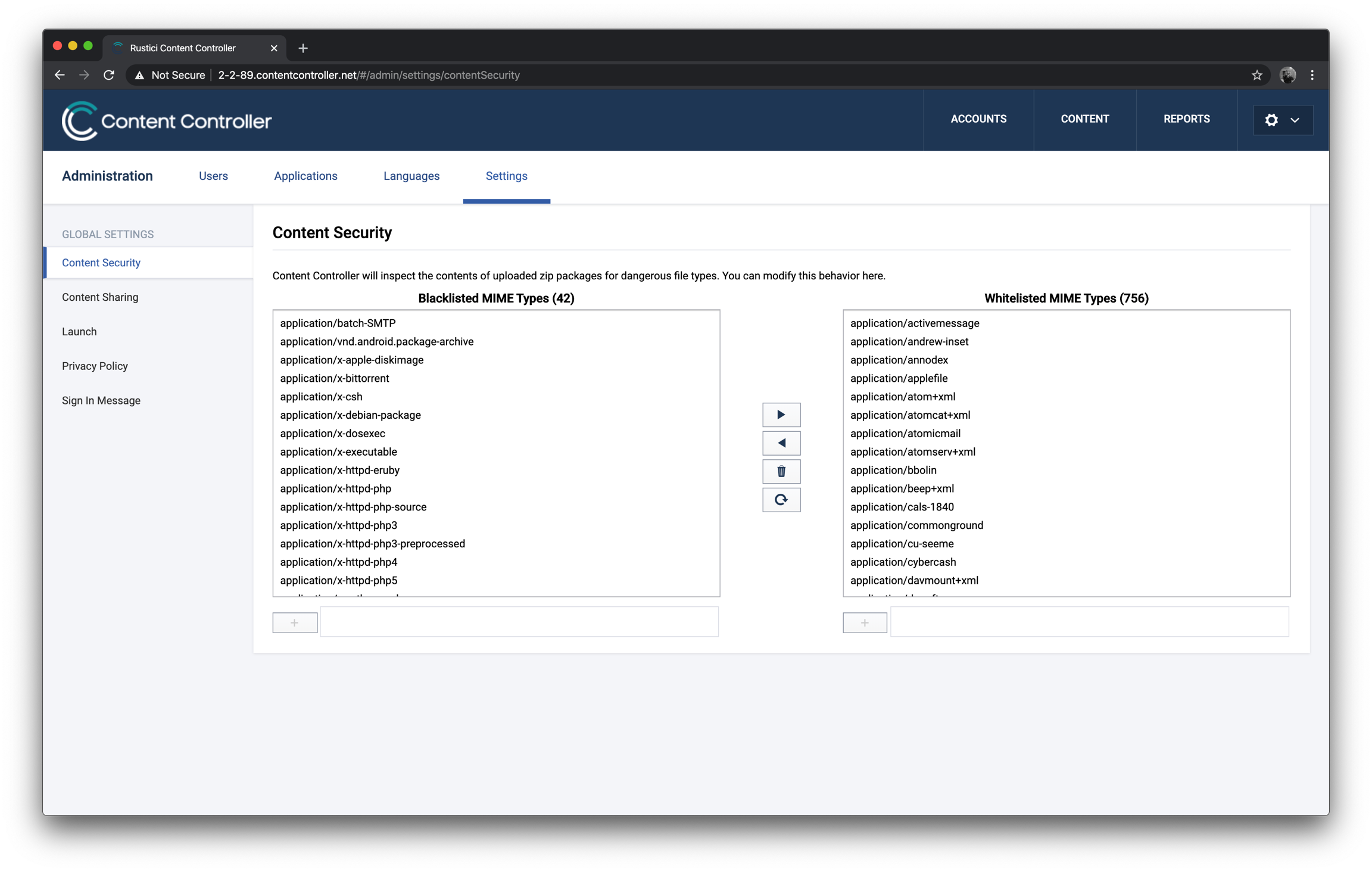 Content security settings