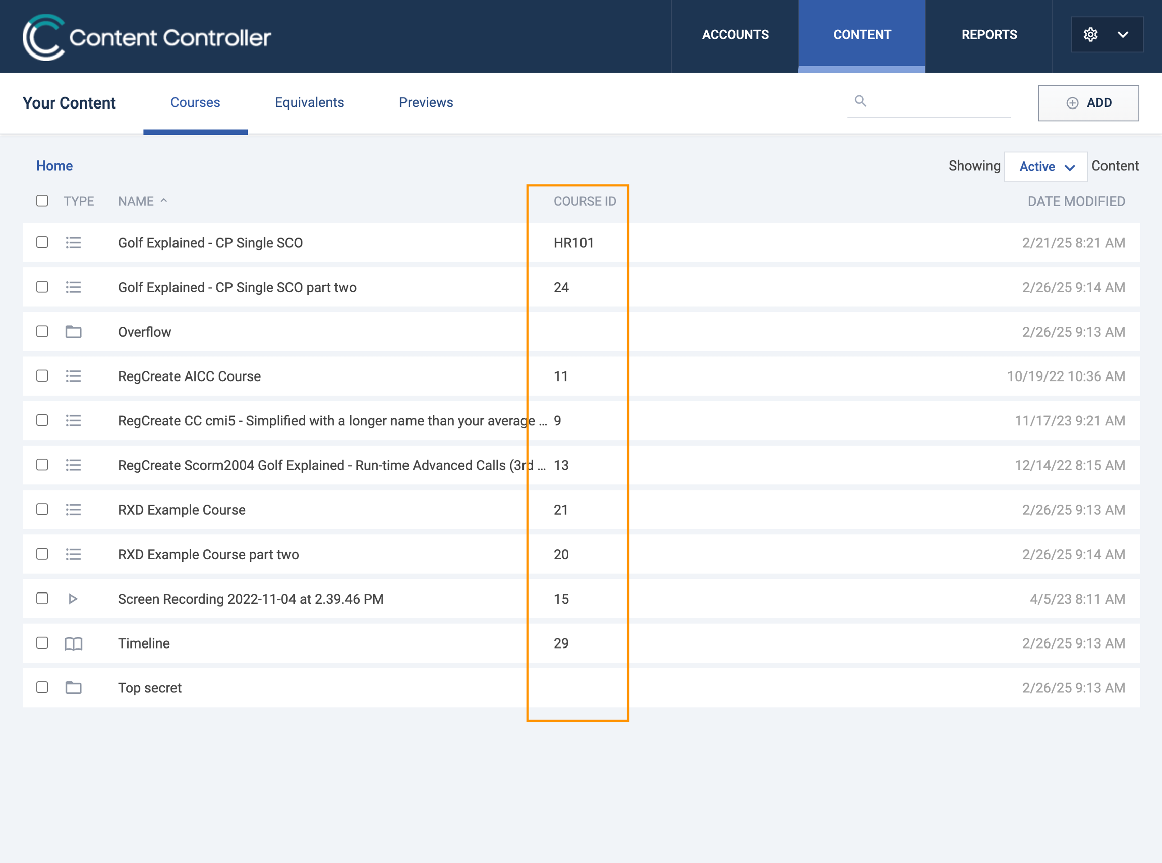 A list of courses in Content Controller with their Course IDs