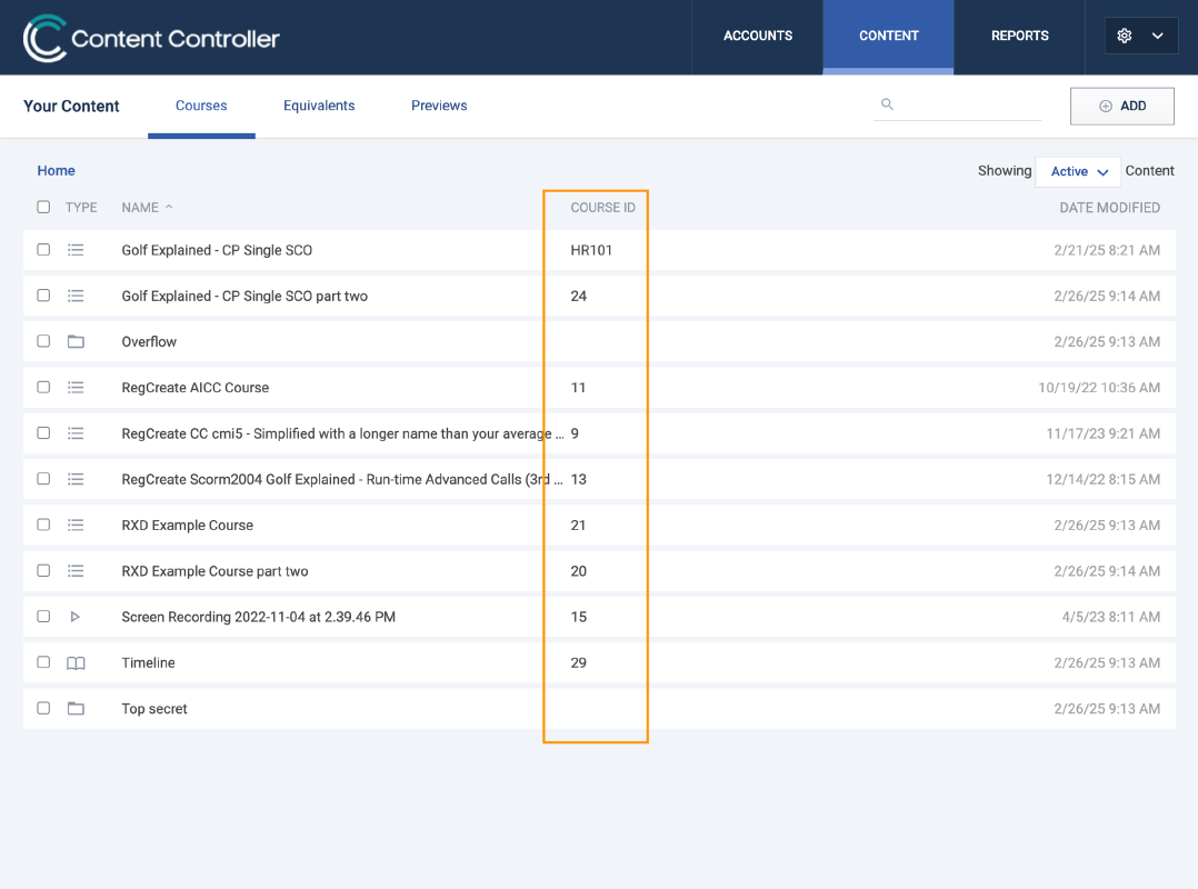 A list of courses in Content Controller with their Course IDs