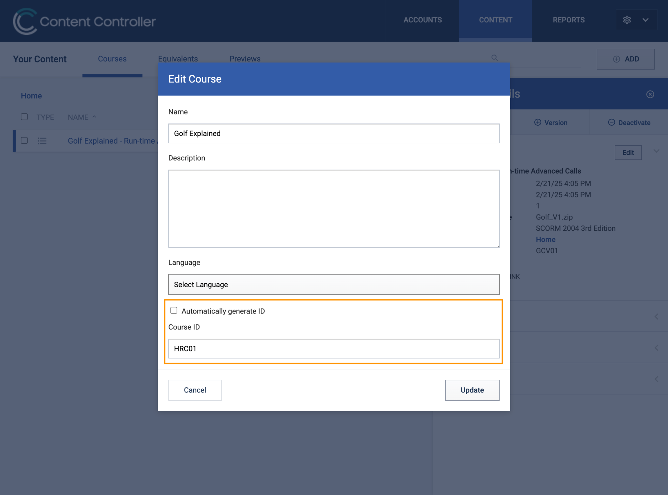 Editing a pre-existing course to add a custom ID
