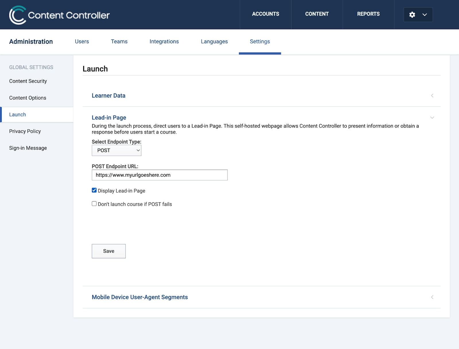 Lead-in page settings