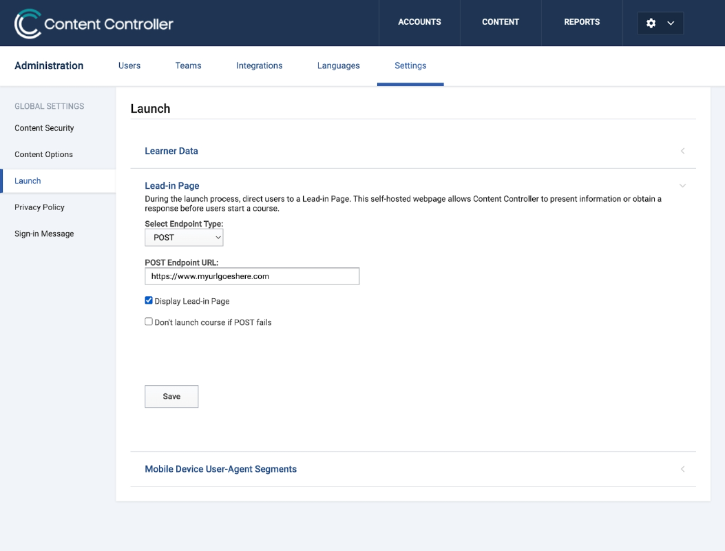 Lead-in page settings